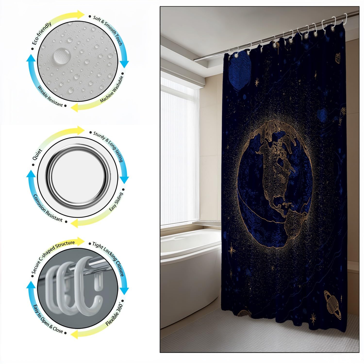 Generico Fantasia Tenda Da Doccia Misterioso Spazio Terra Blu Oro, Tenda Da Doccia Per Bagno, Vasca Da Bagno, Tenda In Poliestere Impermeabile Con Ganci In Plastica, 180 x 200 cm