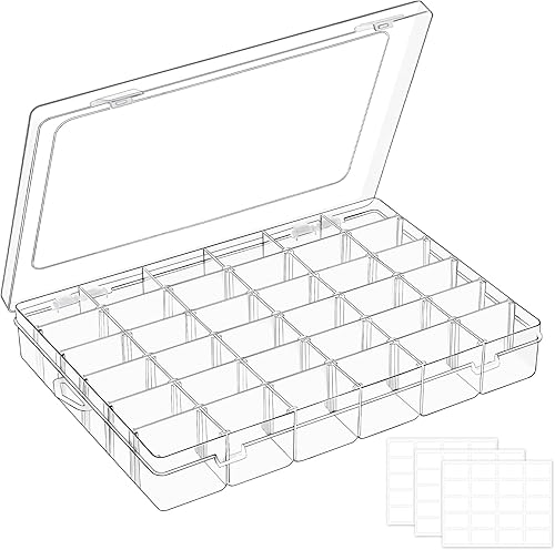 Caja organizadora de plástico grande de 36 rejillas con divisores ajustables, compartimento transparente, caja de aparejos con etiquetas adhesivas