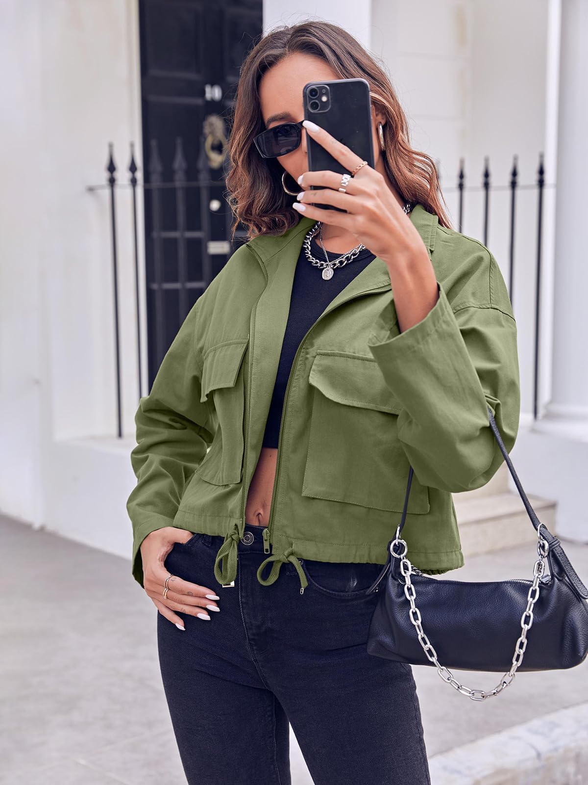 Tankaneo Giacche corte da donna casual con cerniera lampo leggera militare safari breve cappotto multiuso con tasche