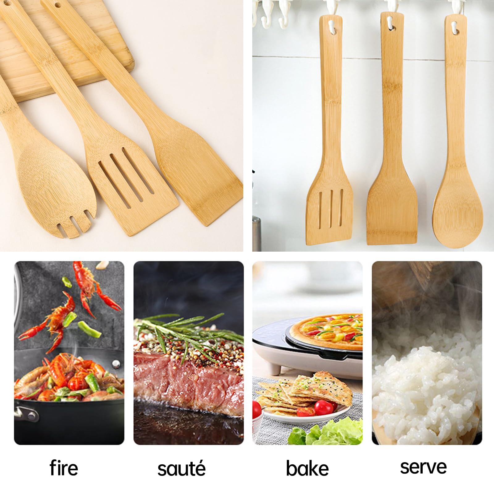 Biluer Lot De 6 Ustensiles De Cuisine En Bois - Cuillères Et Spatules Bambou