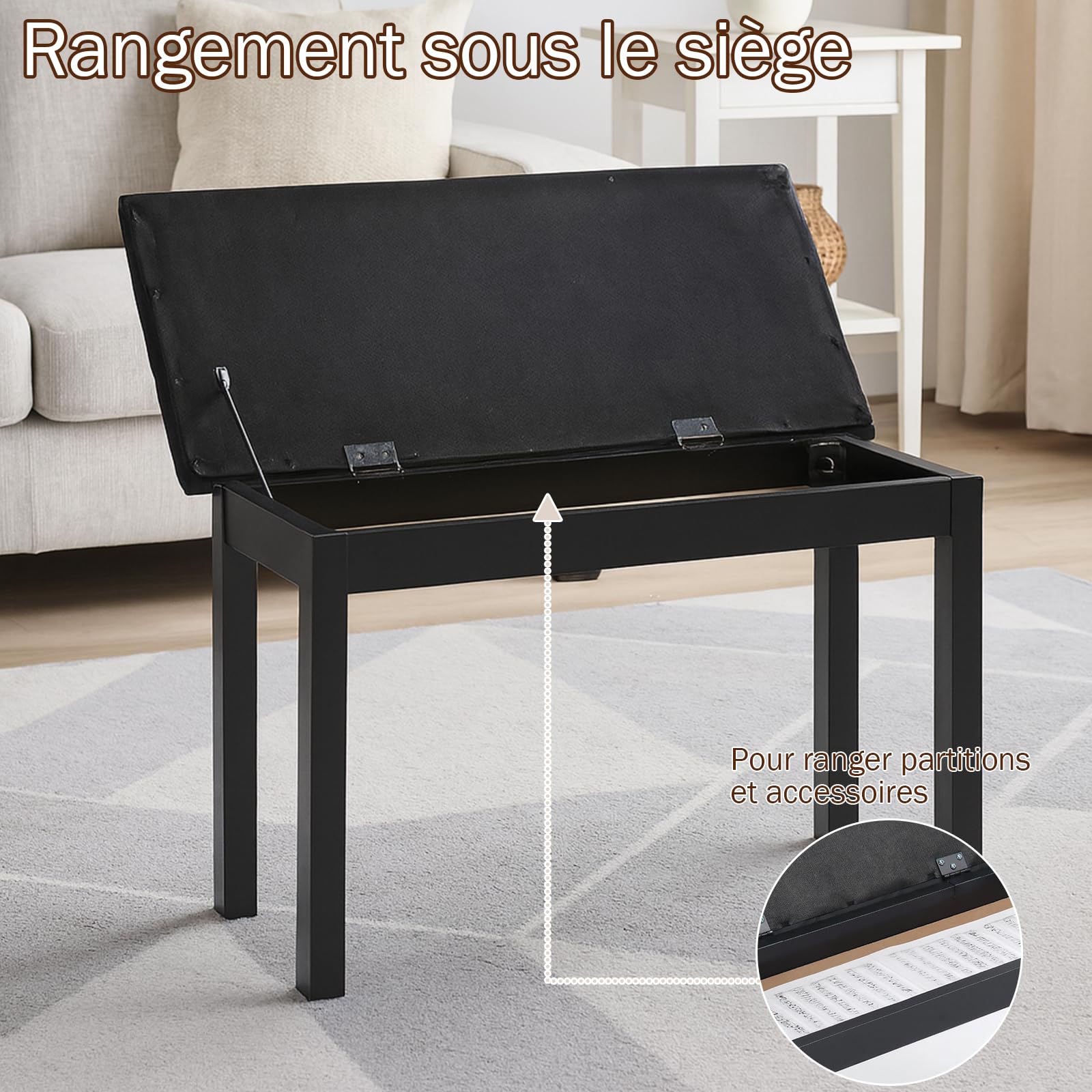 LEADZM Banc de Piano, Tabouret Piano avec Coussin en Cuir PU et Pieds en Fe, Espace de Rangement Intégré, Capacité de Charge Maximale : 200 kg, 70x30x45.5, Noir