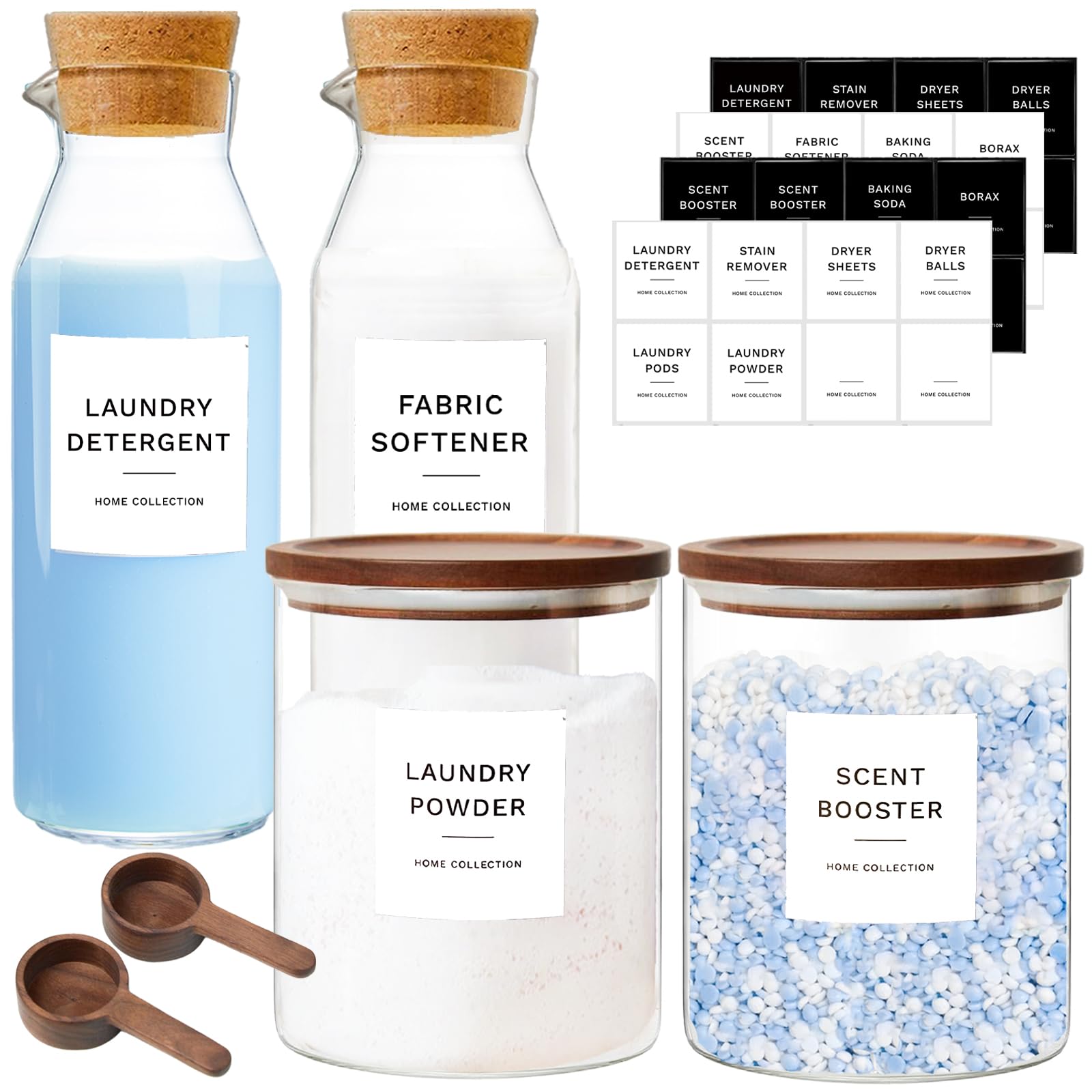 Photo 1 of Glass Laundry Storage Containers Set, 4 Pack Liquid Detergent Dispenser with Cork Lid & Laundry Room Organization Jar with Acacia Lid, Fabric Softener Dispenser Bottles and Powder Detergent Organizer