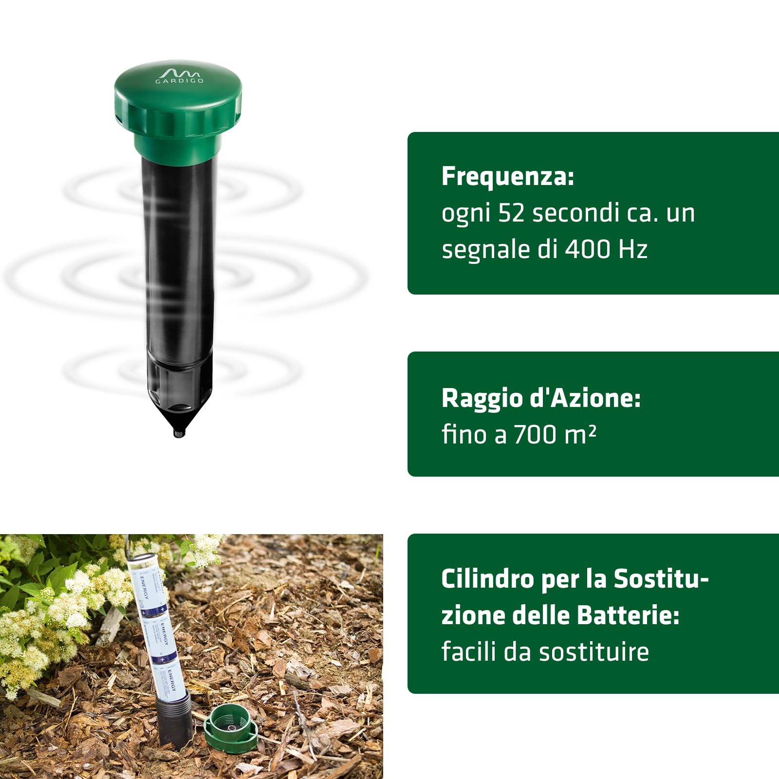 GARDIGO® Repellente per Talpe - Set da 2 | Deterrente 400-1000 Hz per ca. 700m² | per il Giardino | Facile Sostituzione delle Batterie