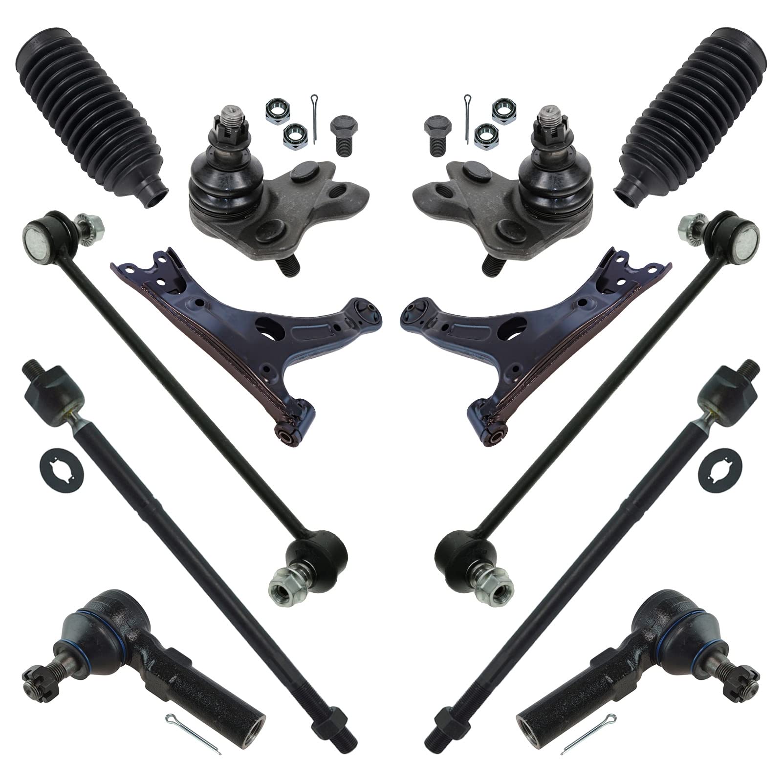TRQ Front Steering & Suspension Kit Ball Joint Control Arm Steering Rack & Pinion Bellow Sway Bar Stabilizer Link Tie Rod Compatible with 2014-2018 Toyota Corolla