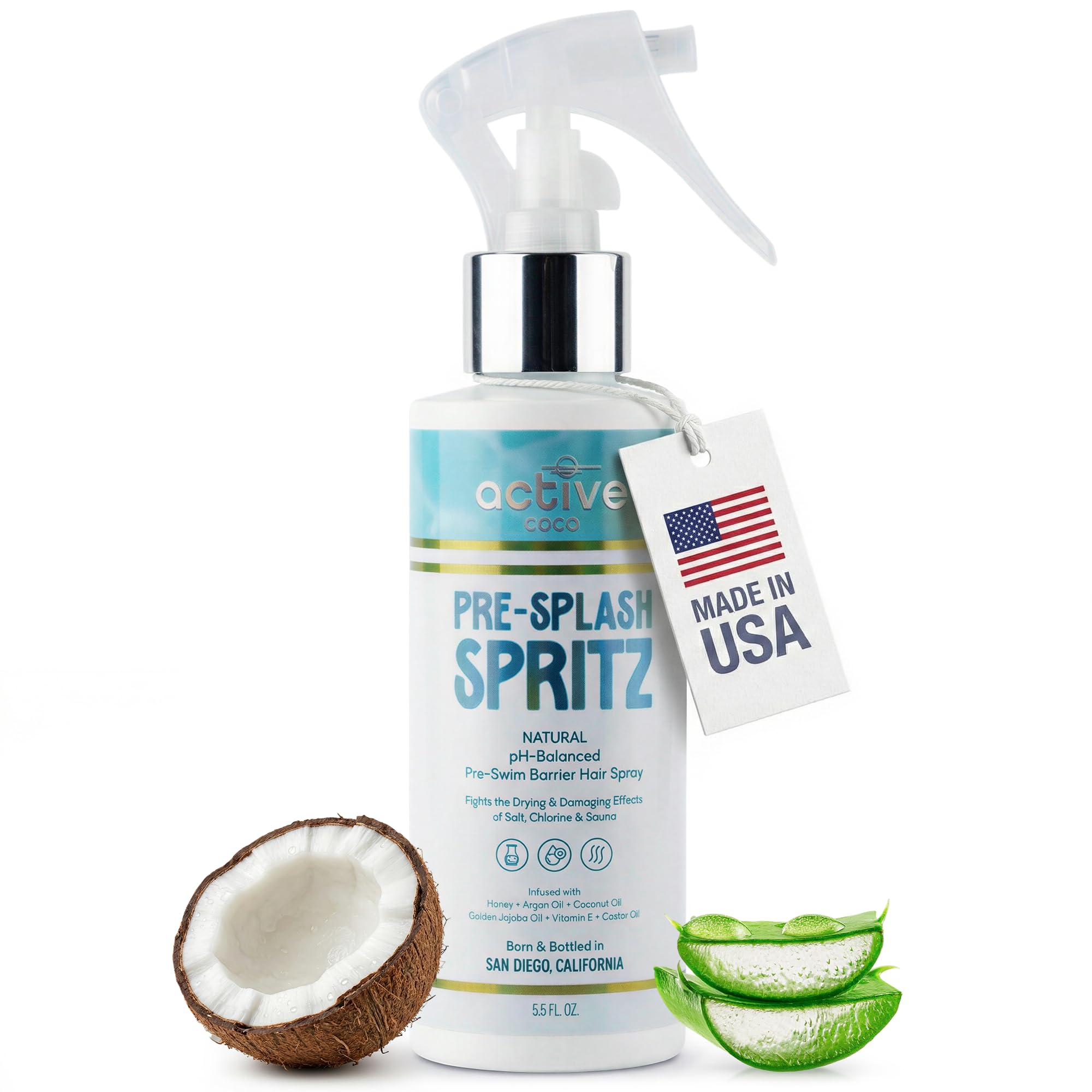 Pre-Swim Hair Protection Spray – Chlorine, Salt Water & Sauna for Swimmers - Coconut Oil, Jojoba, Aloe Vera & Vitamin E Leave-In Conditioner -