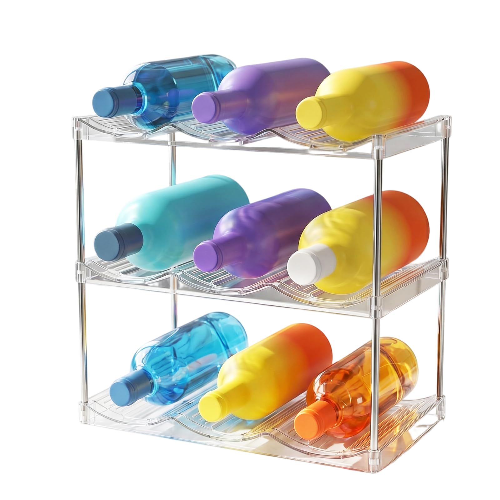 Focenat 3 Tier Stackable Bottle Holder, Plastic Water Bottle Storage Organiser, Clear Wine Rack for Cupboard, Space Saving Fridge Cabinet Shelf, Holds 9 Bottles for Kitchen Office