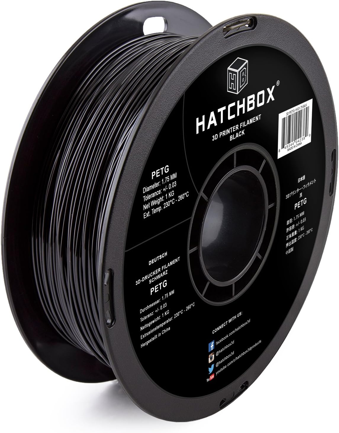 HATCHBOX PETG 3D Printer Filament, Dimensional Accuracy +/- 0.03 mm, 1 kg Spool, 1.75 mm, Black