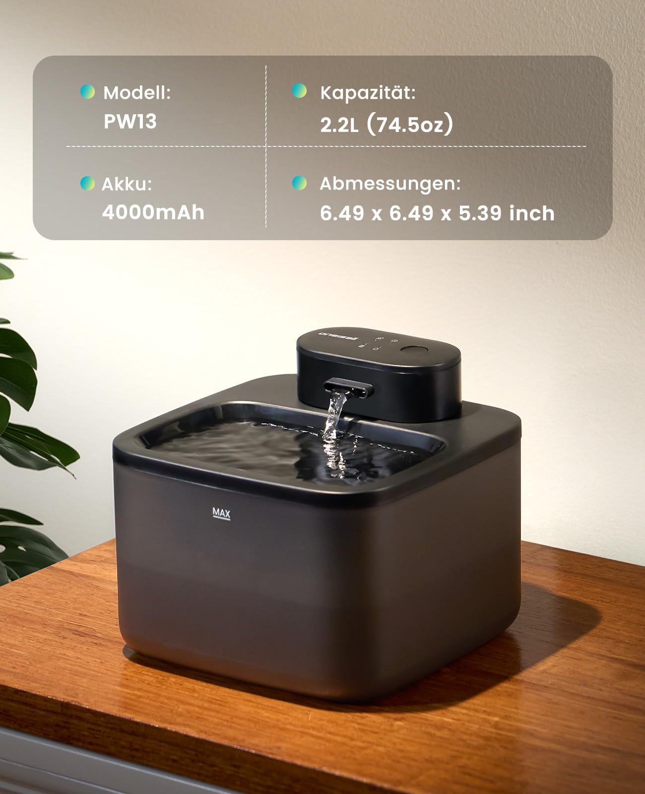 oneisall katzenbrunnen kabellos, 2.2 L trinkbrunnen für Katze kabellos mit bewegungsmelder, 20 dB ultraleise integrierte SilentFlow™-Pumpe, batteriebetrieben für Katzen, leicht zu reinigen, Schwarz
