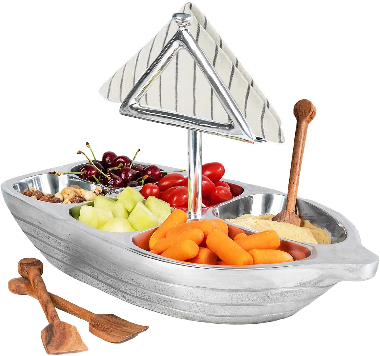 Godinger Wood Lined Boat Bowl with Salad Server, Silver