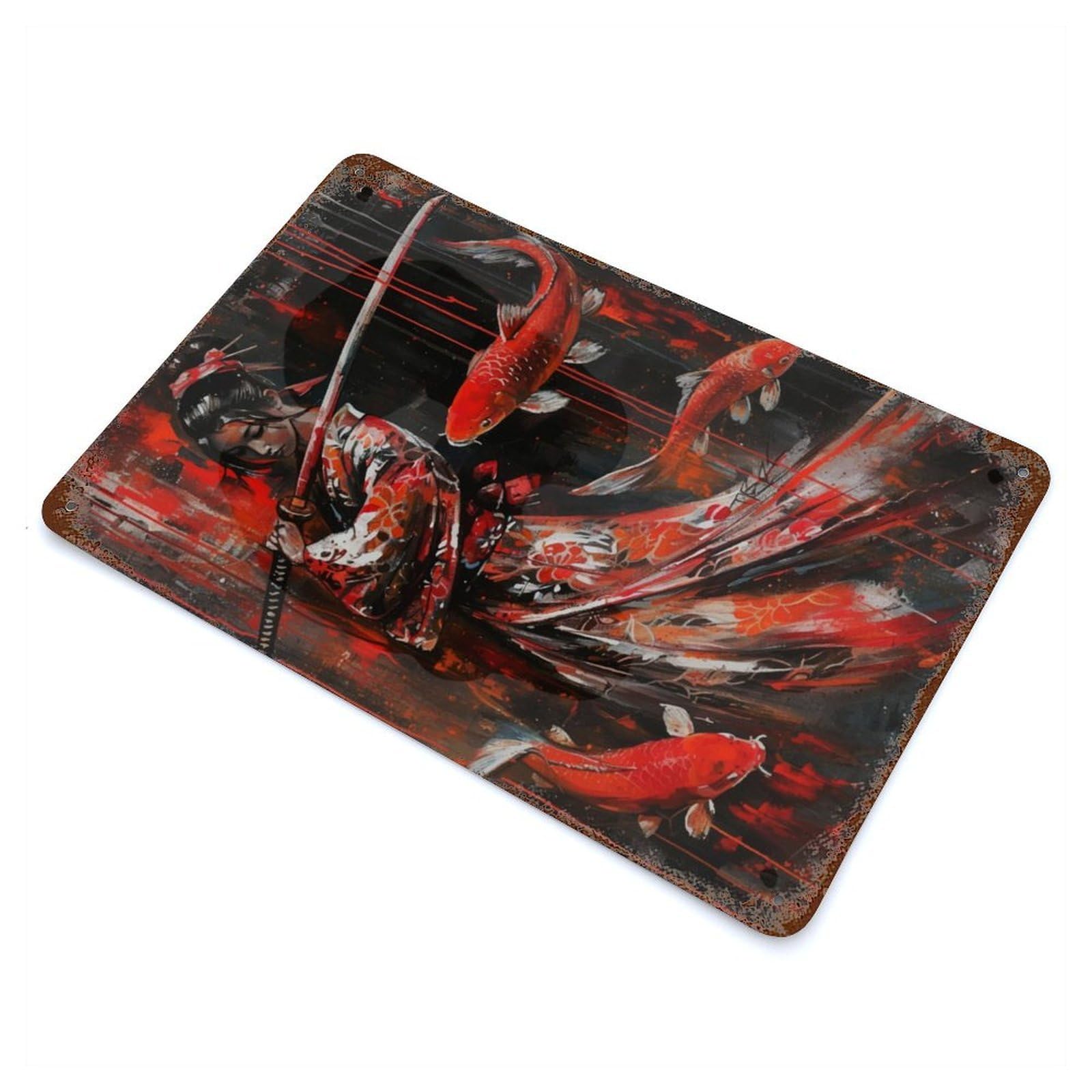 Geisha Japanese Fish Koi Vintage Rust Metal Sign 11.8"x7.9", for Basement, Hobby Room And Garage Decor, Farmhouse Wall Decor
