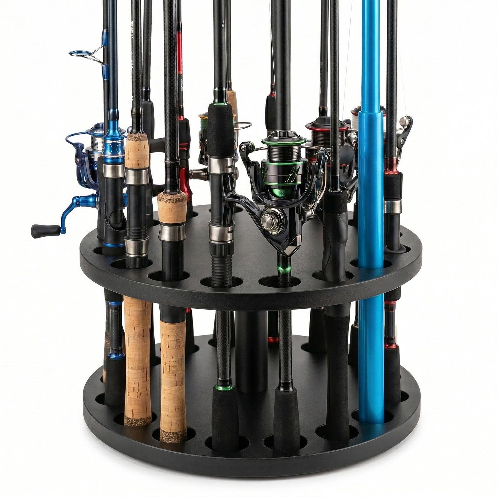SUNNYNEST Fishing Rod Holder Stand for 16 Rods, Round Fishing Rod Rack, Floor Storage Organizer with Stable Base Adjustable Clips, Space Saving Fishing Pole Holder for Garage (Black)