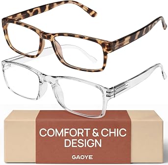 Gaoye 2-Pack of Reading Glasses - Blue-Light Filter, UV Protection - Readers with Rectangle Frames