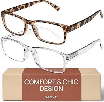Gaoye 2-Pack of Reading Glasses - Blue-Light Filter, UV Protection - Readers with Rectangle Frames