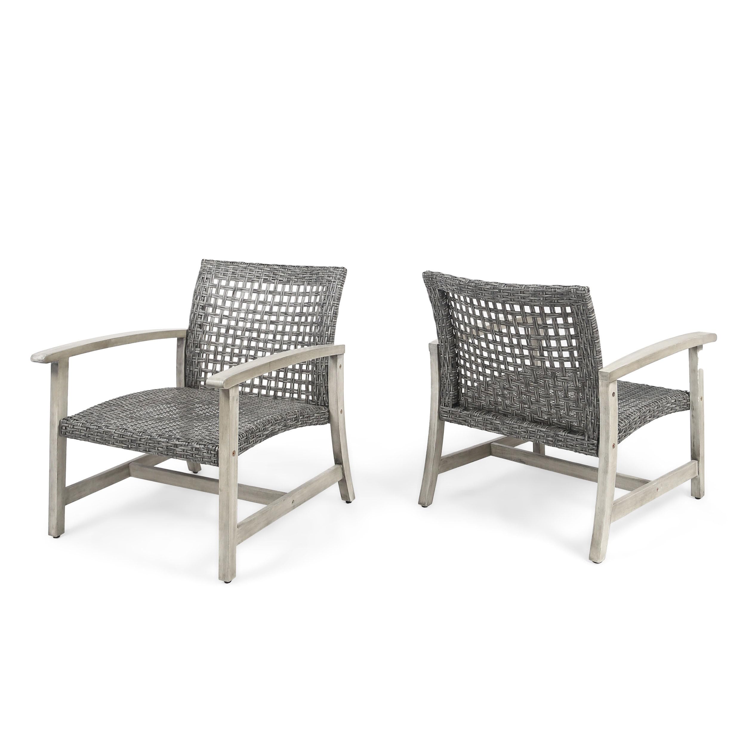Gecheer Wood + Wicker Club Chair Set of 2 – Outdoor Acacia Wood Frame with POLYETHYLENE Wicker, Light Gray WASH & Mixed Black Finish