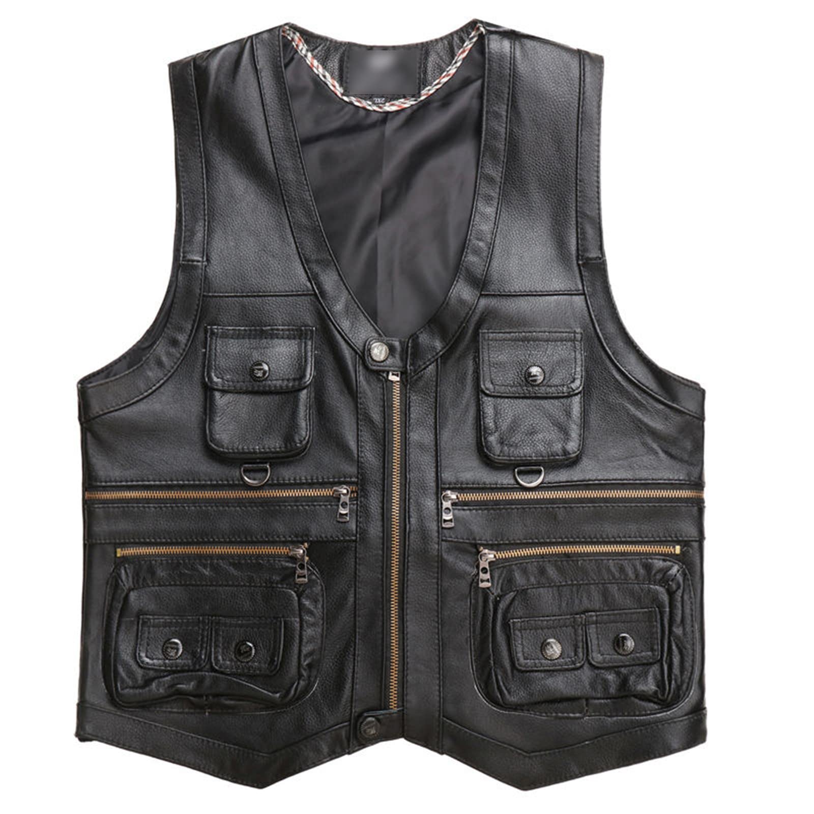 Multi-Pocket Vest Herren Schwarz Fotografie Weste Leder Motorrad Motorrad Weste Herbst Ärmellose Jacke