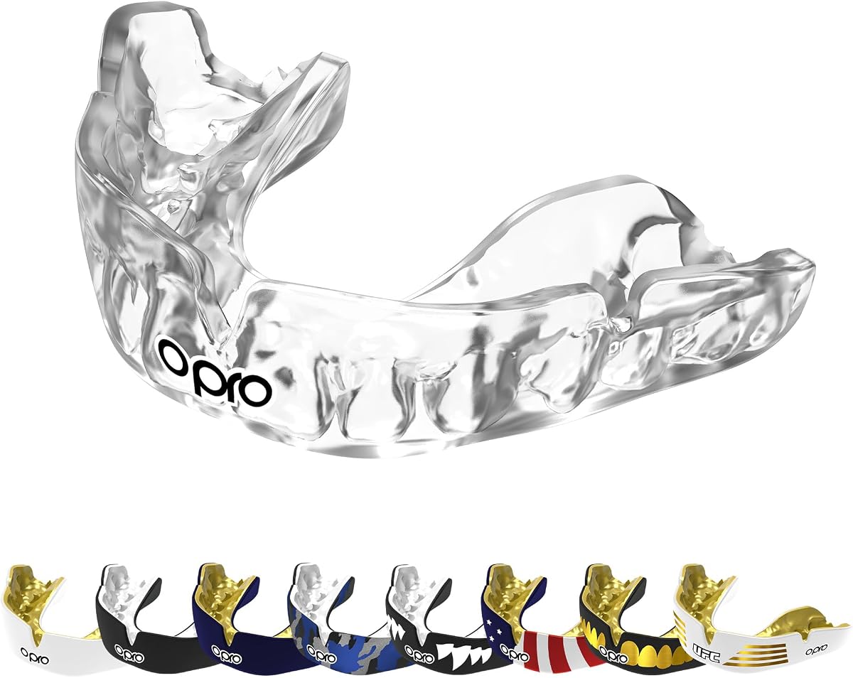 Protector bucal instantáneo de ajuste personalizado OPRO - Protector de encías a nivel de dentista para adultos y niños - Protector bucal OPRO para boxeo y MMA, protector de encías autoajustable para rugby - Máxima protección con garantía dental (transparente/blanco)