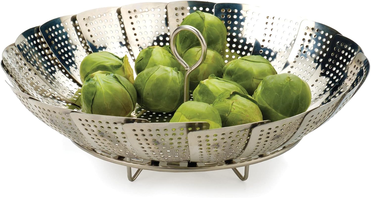 RSVP International Endurance Kitchen Collection Expandable Vegetable Steamer, 9.5-Inch, Precision Pierced, Stainless Steel
