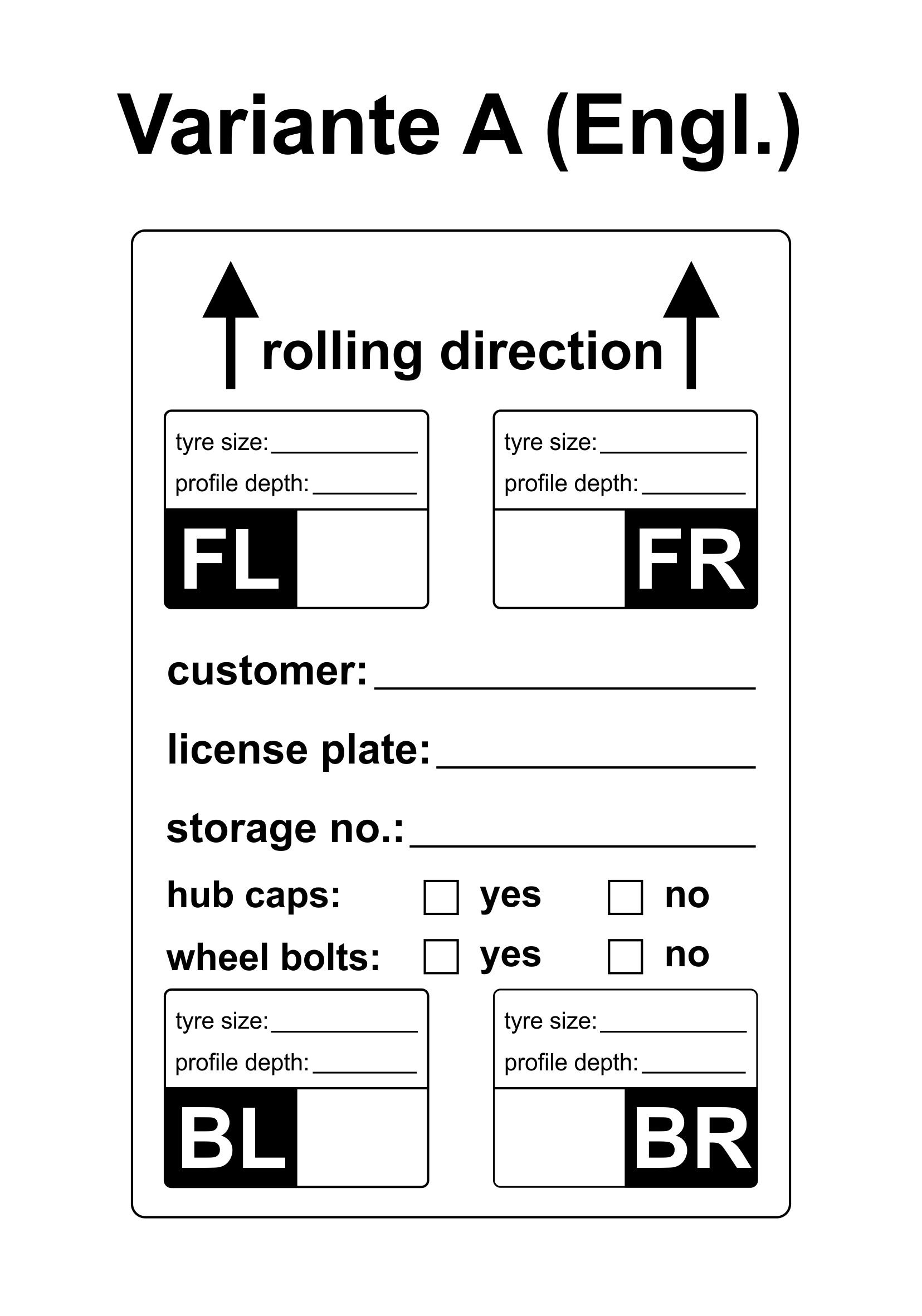 Etiquetas para cubiertas einlagerung/Tire Labels extra fuerte. – 100 x 150 mm – 200 Unidades – Variante a – Inglés
