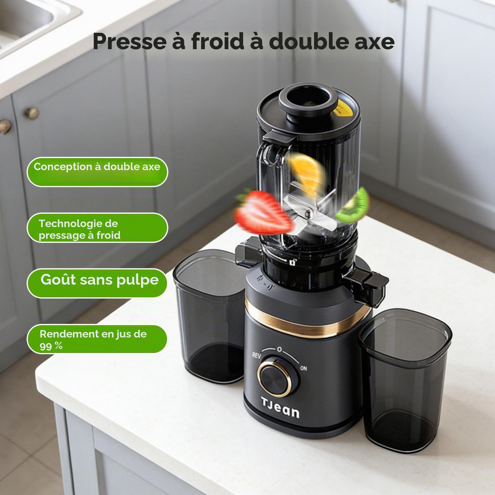 Extracteur de jus à froid lent TJean 110 mm pour fruits et légumes entiers, haut rendement, faible consommation d'énergie