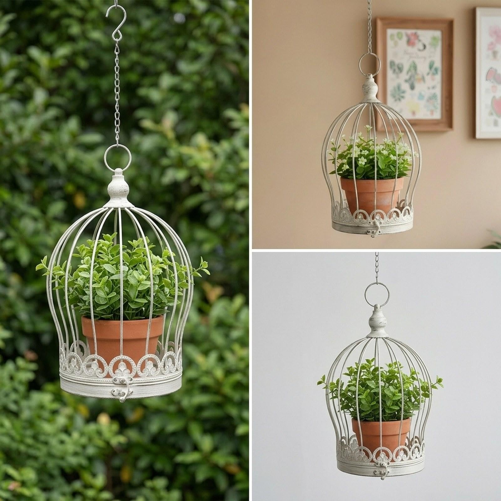 Cestino in Metallo Sospeso, Fioriera Sospesa, Supporto per Fiori a Forma di Gabbia per Uccelli, Portavaso per Balcone, Tavolo, Decorazione per La, Bianco