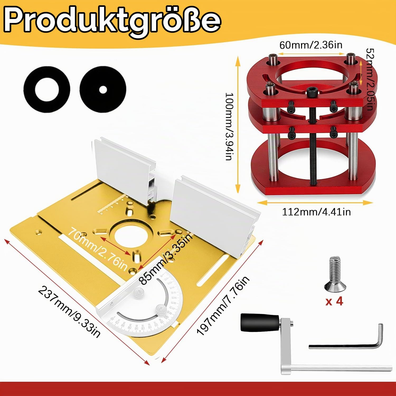 Frästisch für Oberfräse Einlegeplatte Set, OberfräSentisch und Tischfräsmaschine, Router Table, Planfräsvorrichtung, Maximum Lift 51mm, TischfräSe zum Nuten Zapfenschneiden BesäUmen(Gold+Rot)