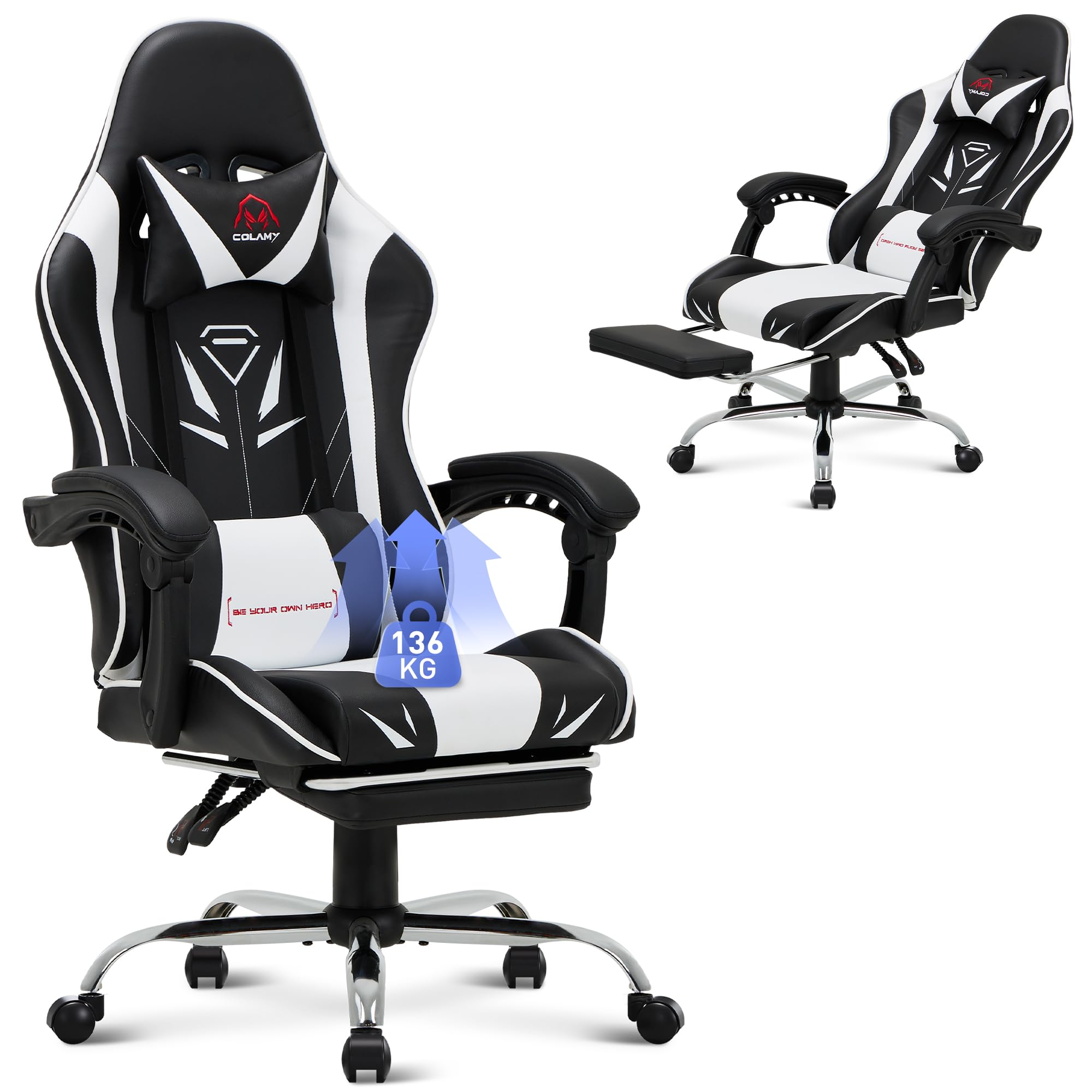 CHAIRKER ゲーミングチェア、PCゲーミングチェア、デスクチェア、人間工学に基づいたチェア、オフィスチェア、ゲーミング、ランバーサポート付き高さ調節可能な、135°チルトロック、eスポーツゲーム、リモートホームオフィス、勉強に最適 (白)