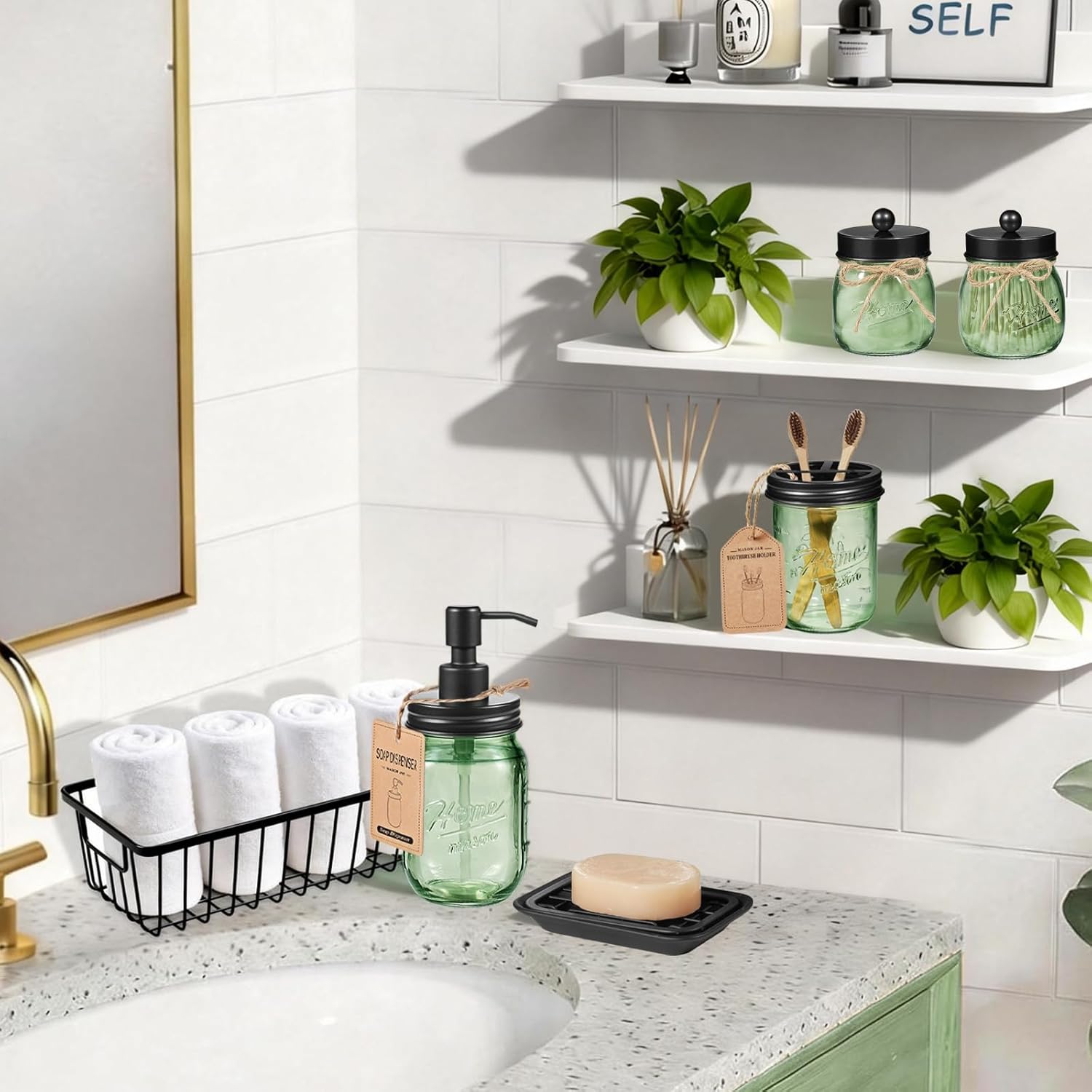 SheeChung Acrylic Plastic Qtip Holder, Apothecary Jars with Lid & 6 Pack Green Glass Mason Jar Bathroom Accessories Set, Soap Dispenser, Toothbrush Holder, Soap Dish, Metal Basket, Farmhouse Decor