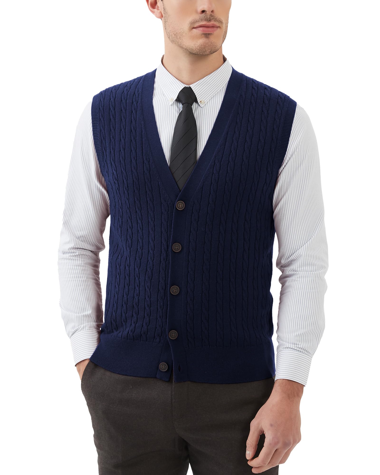 kallspin Men's Cable Knit Sweater Vest Wool Blend V Neck Button Down Sleeveless Cardigan Vest-picture-20