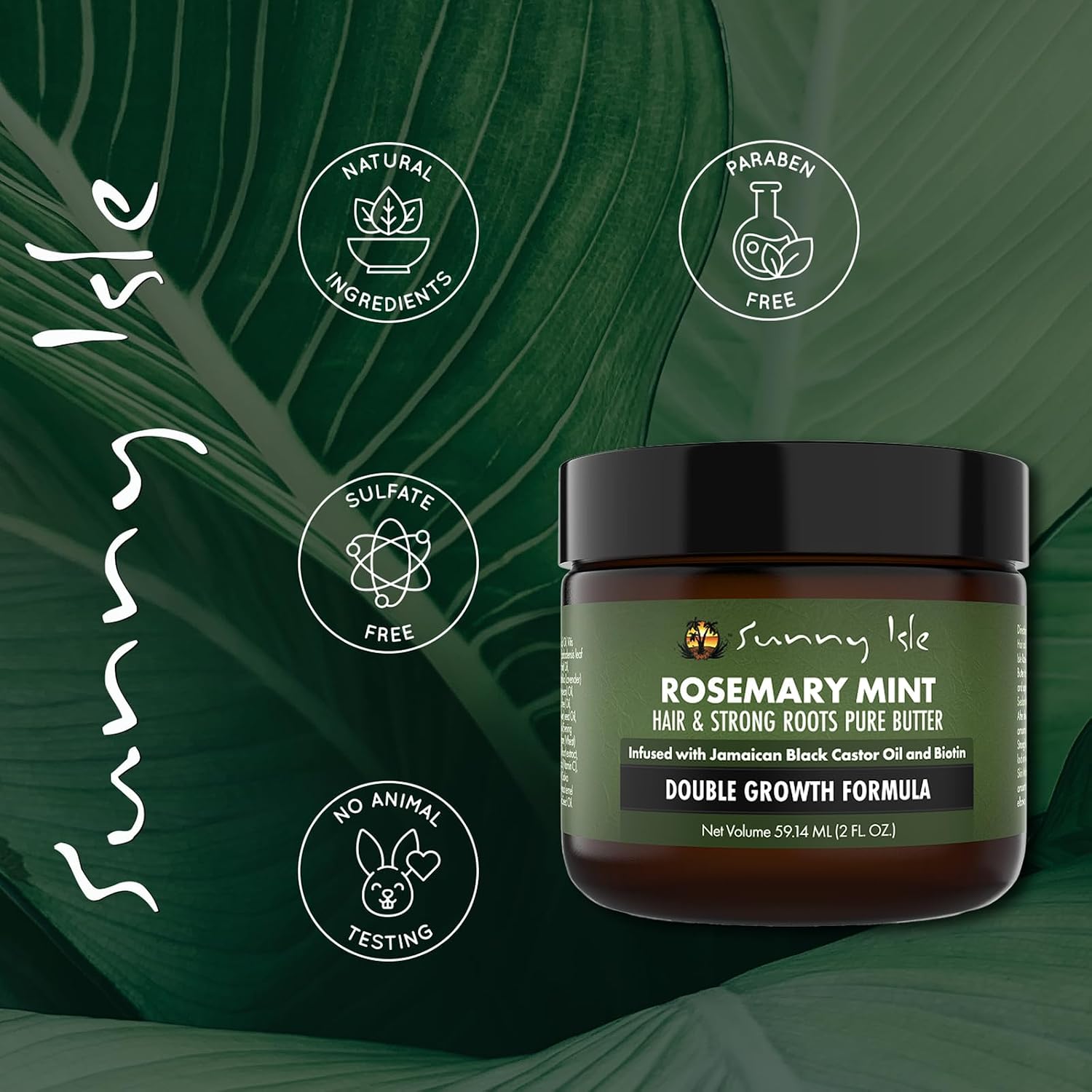 Sunny Isle Rosemary Mint Hair & Strong Roots Pure Butter 2oz, Jamaican Black Castor Oil & Biotin, Double Growth Formula, Melts Into Oil, Hair Growth, Dry Scalp, Edges, Skin Care & Protective Styles