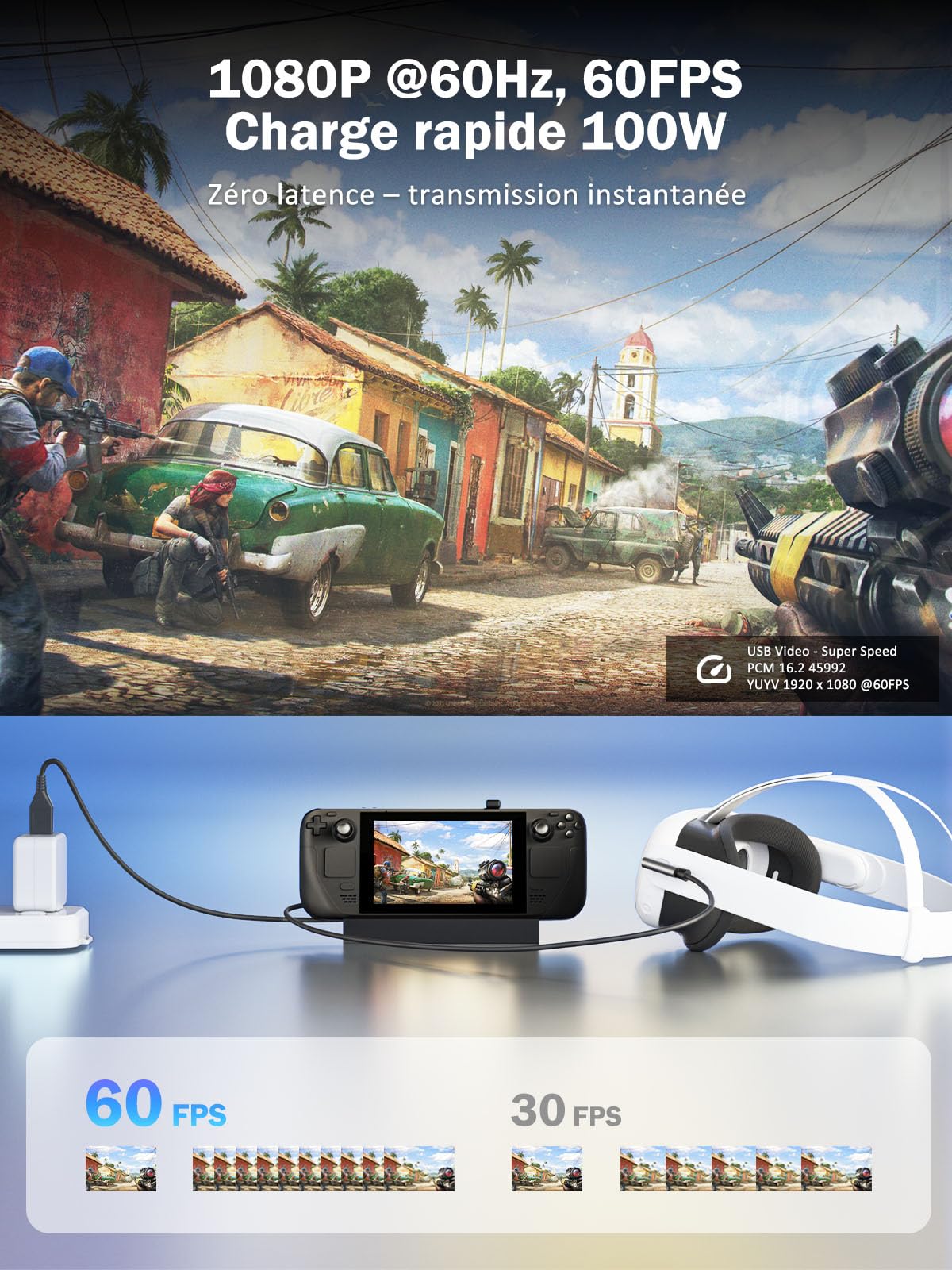Carte de Capture Vidéo avec PD 100W pour Meta Quest 2/3/3s, Adaptateur HDMI vers USB C/A 1080P60, Plug & Play pour Streaming, Enregistrement de Jeux, OBS, Switch, PS4/5, Xbox, Caméra, VR