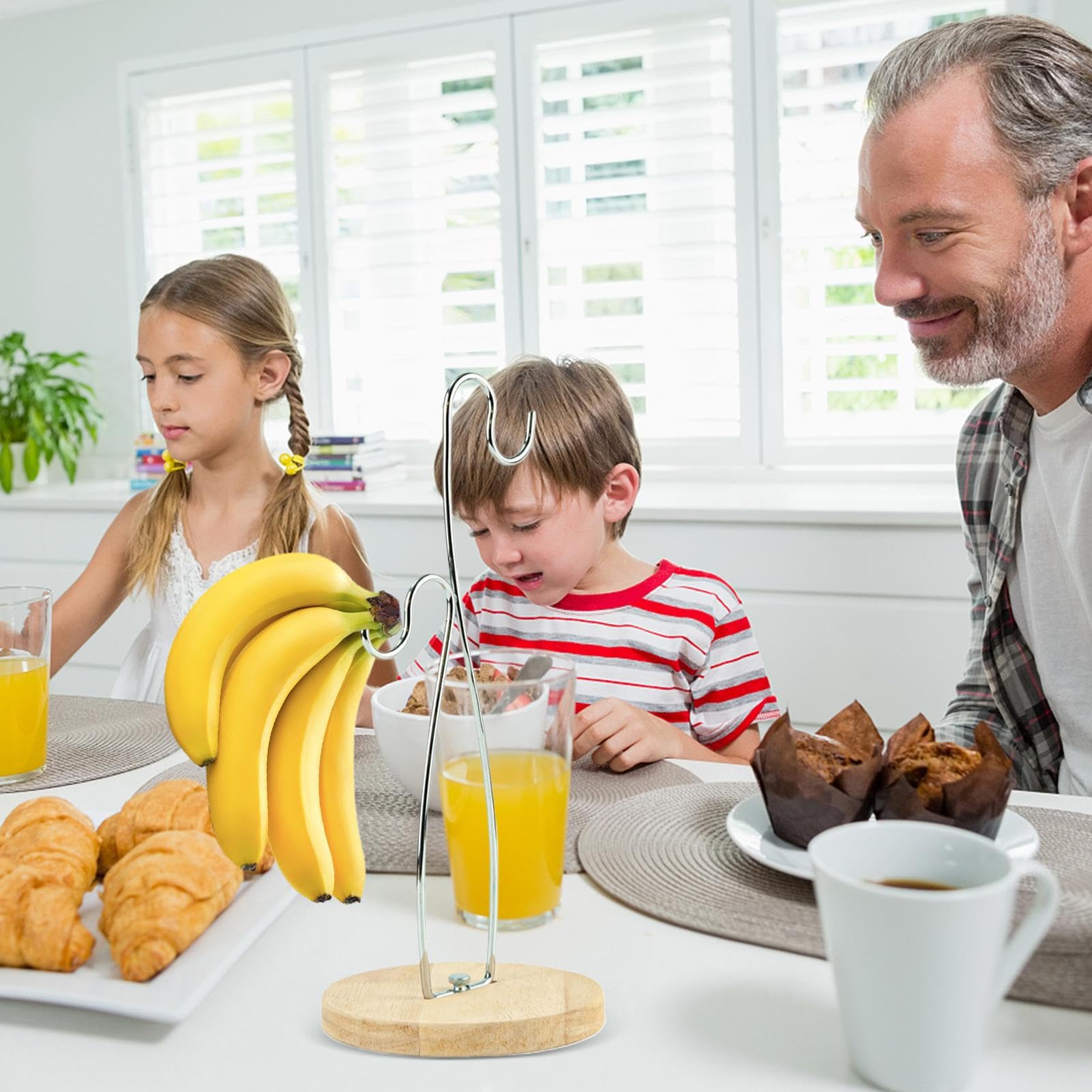 Support Bananes Suspendu Élégant – Base Bois Massif & Crochet Inox, Organisateur Fruits Rustique Pour Cuisine Et Comptoir