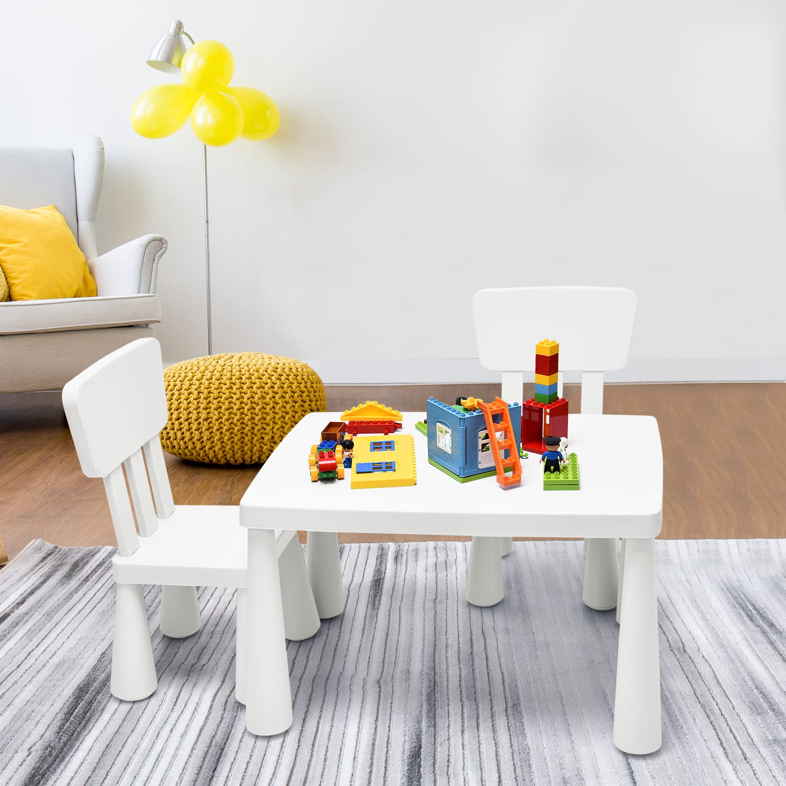 GOPLUS Kindersitzgruppe aus Kunststoff, Kindertisch mit 2 Stühlen, Stuhl mit Rückenlehne, mit Runden Kanten, für Junge und Mädchen, für Kinderzimmer (Weiß)