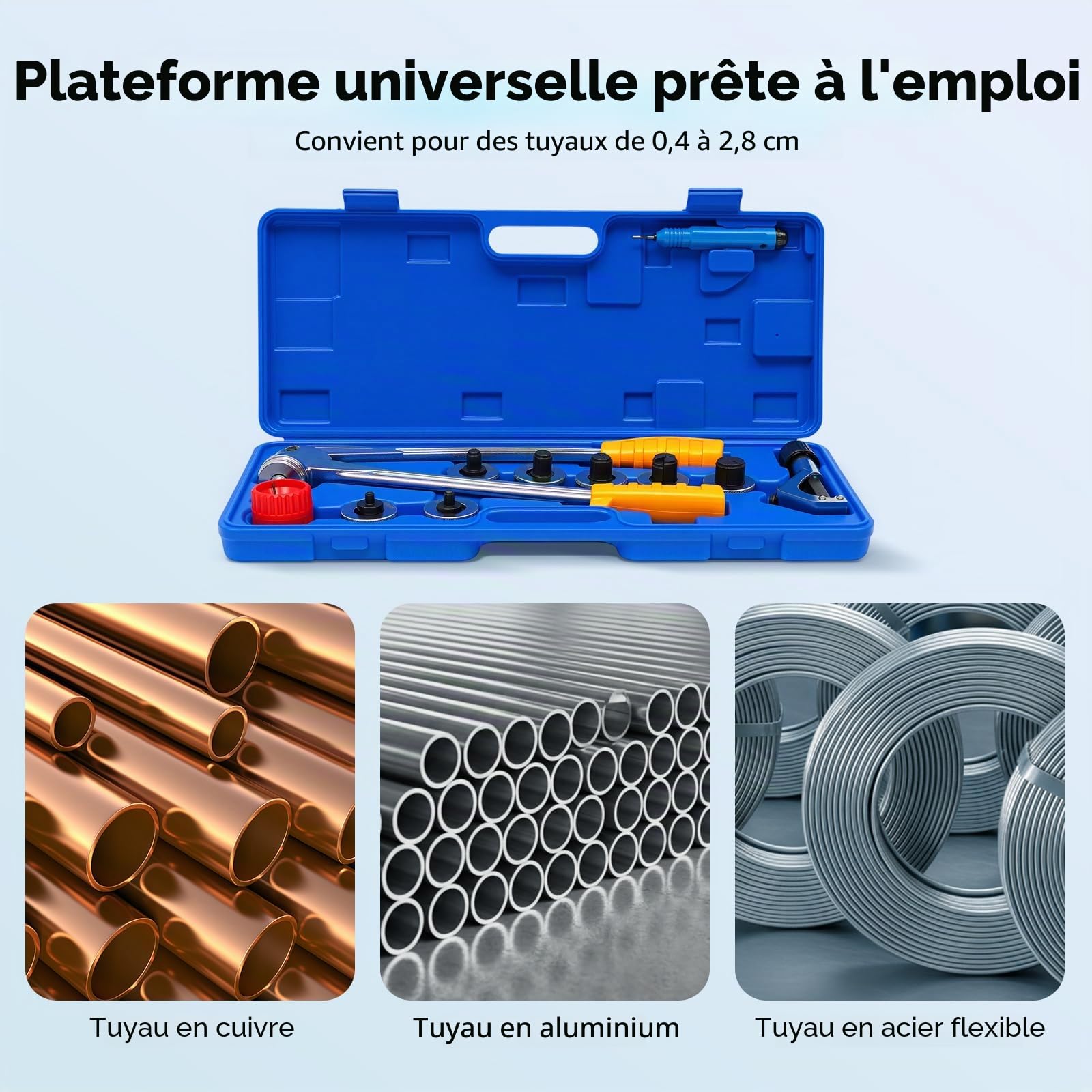 Kit d'élargisseur de tuyaux manuel de 10 à 28 mm avec sac de transport et 7 têtes d'extension interchangeables permettant d'élargir le cuivre et l'aluminium