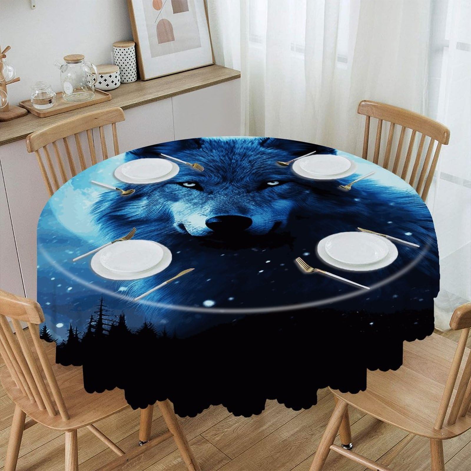 VstaDank Wolfs Round Tablecloth 60 Inch Easy to Clean Circle Table Cover Thick Decorative Round Polyester Table Cloth for Dining Kitchen Party Farmhouse Outdoor