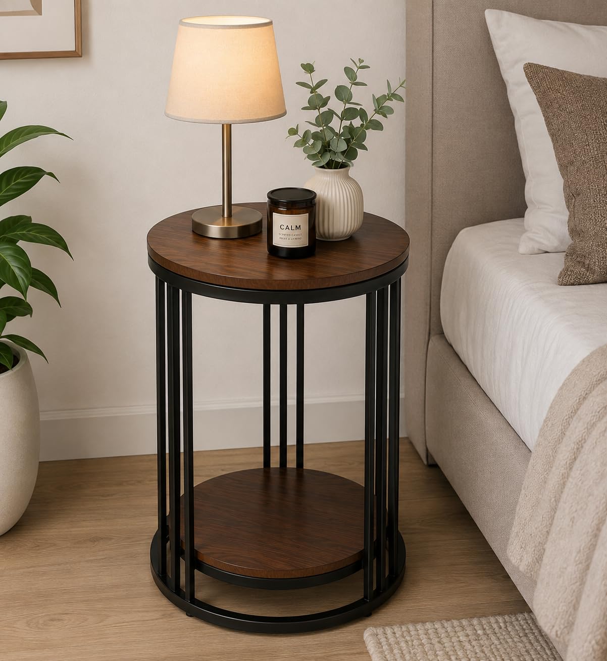 Roldo Round Side Table with Marble Finish Engineered Wood Top, Modern Coffee Table, End Table for Living Room, Bedside Table, Indoor Plant Stand, Metal Frame with Storage Shelf-image-16