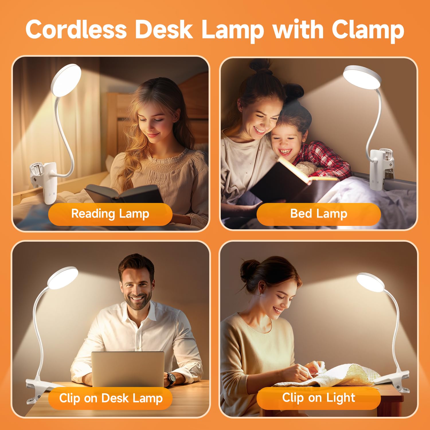 One Fire Leselampe Klemmlampe, 3600mAh Tischlampe Akku Tischleuchte Kabellos, 5 Helligkeit 5 Farben Nachttischlampe Touch, 36 LED+360° Flexibel Schreibtischlampe, Nachtlicht Led Lampe Stilllicht
