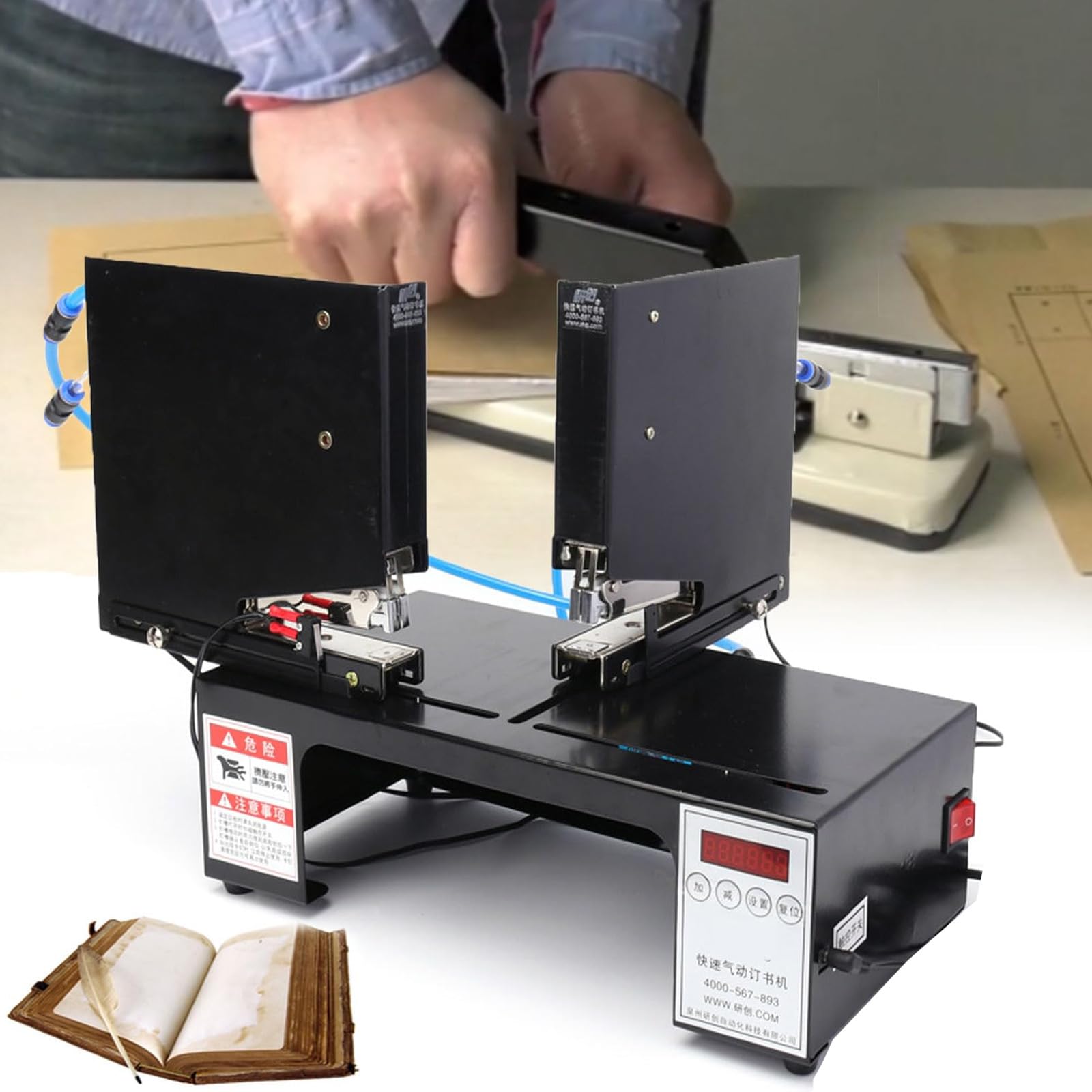 Grapadora eléctrica, máquina encuadernadora de doble cabezal con pantalla digital con placa de posicionamiento ajustable, ranura para clavos emergente, para oficinas, casas de impresión, editores