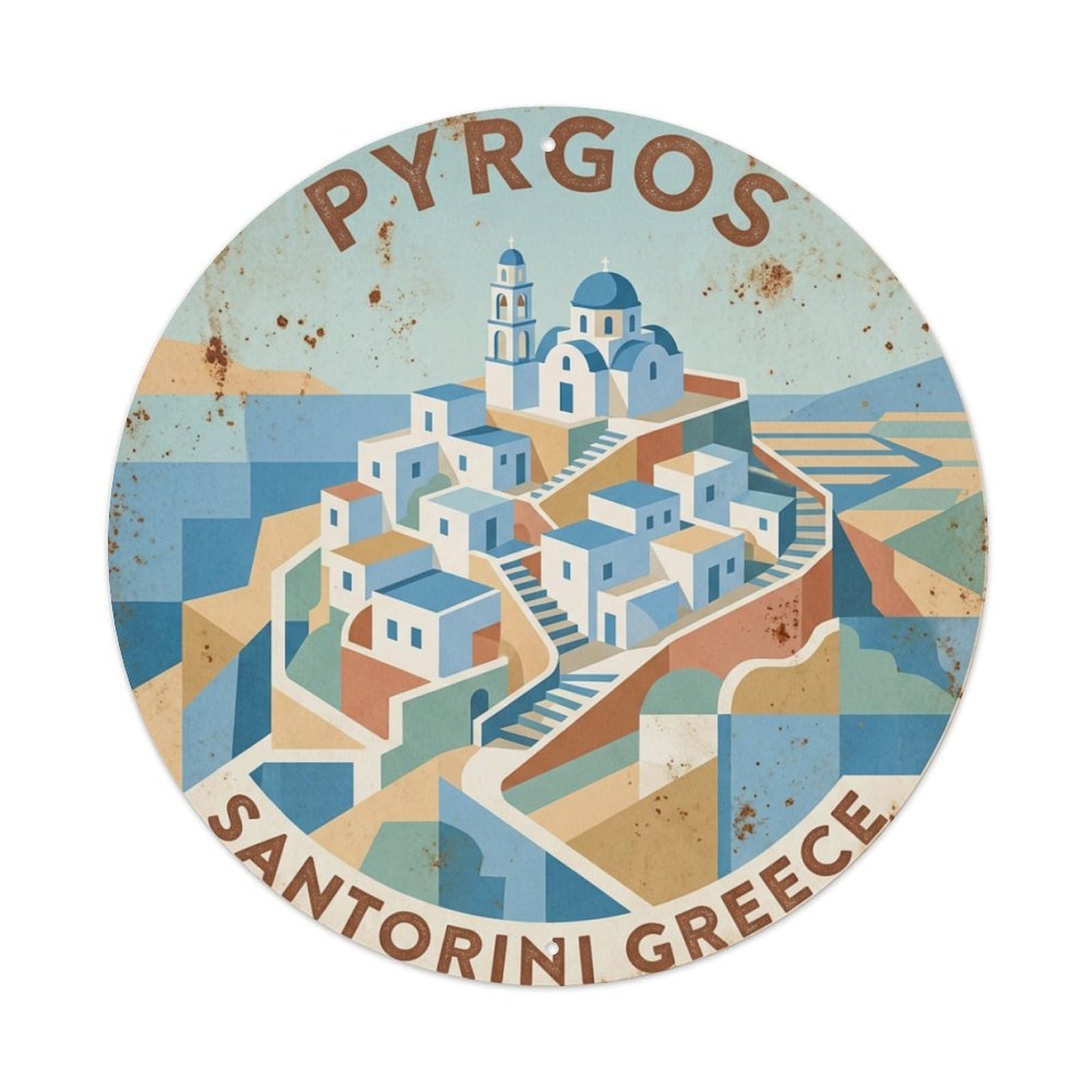 Galvaxio Style Vintage Travel Pyrgos Santorini Hilltop 2 Metal Tin Sign