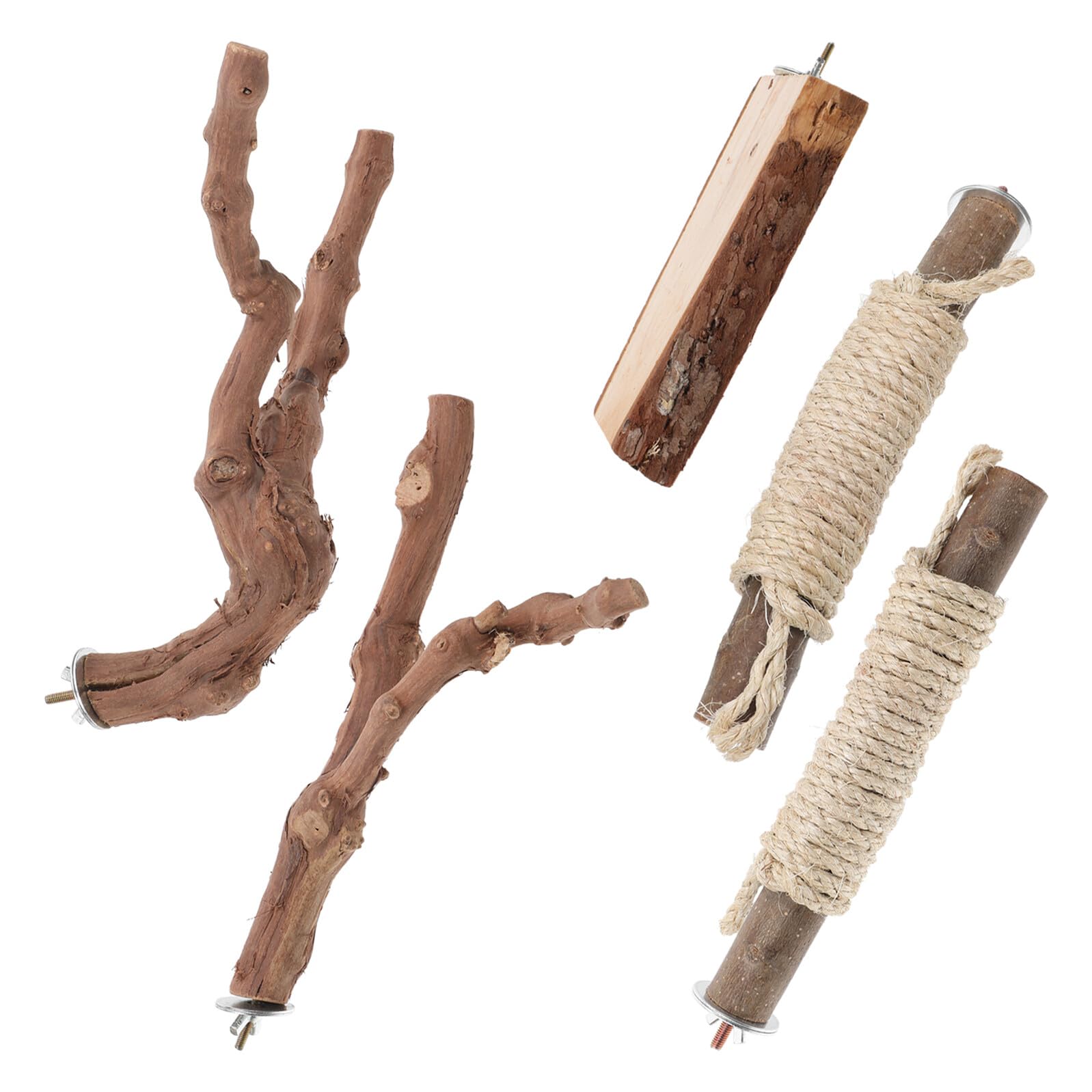 Hohopeti Set Trespoli in Legno per Pappagalli Grandi 5 Pezzi con Corde Naturali, Supporto per Gabbia Uccelli Esotici, Accessori per Voliere da Interno per Arrampicata e Gioco