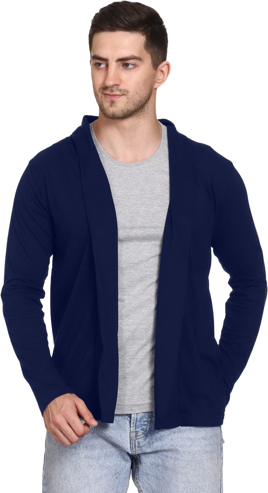 ROARERS Men's Cotton Banded Collar Shrug (MSH002_Navy Blue_L)