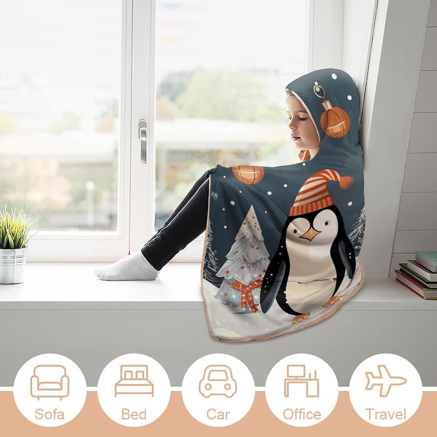 Merry Christmas Penguins Wearable Hooded Blanket, Ultra Soft Arctic Velvet Cape Cloak Unisex - Cozy Wearable Blanket