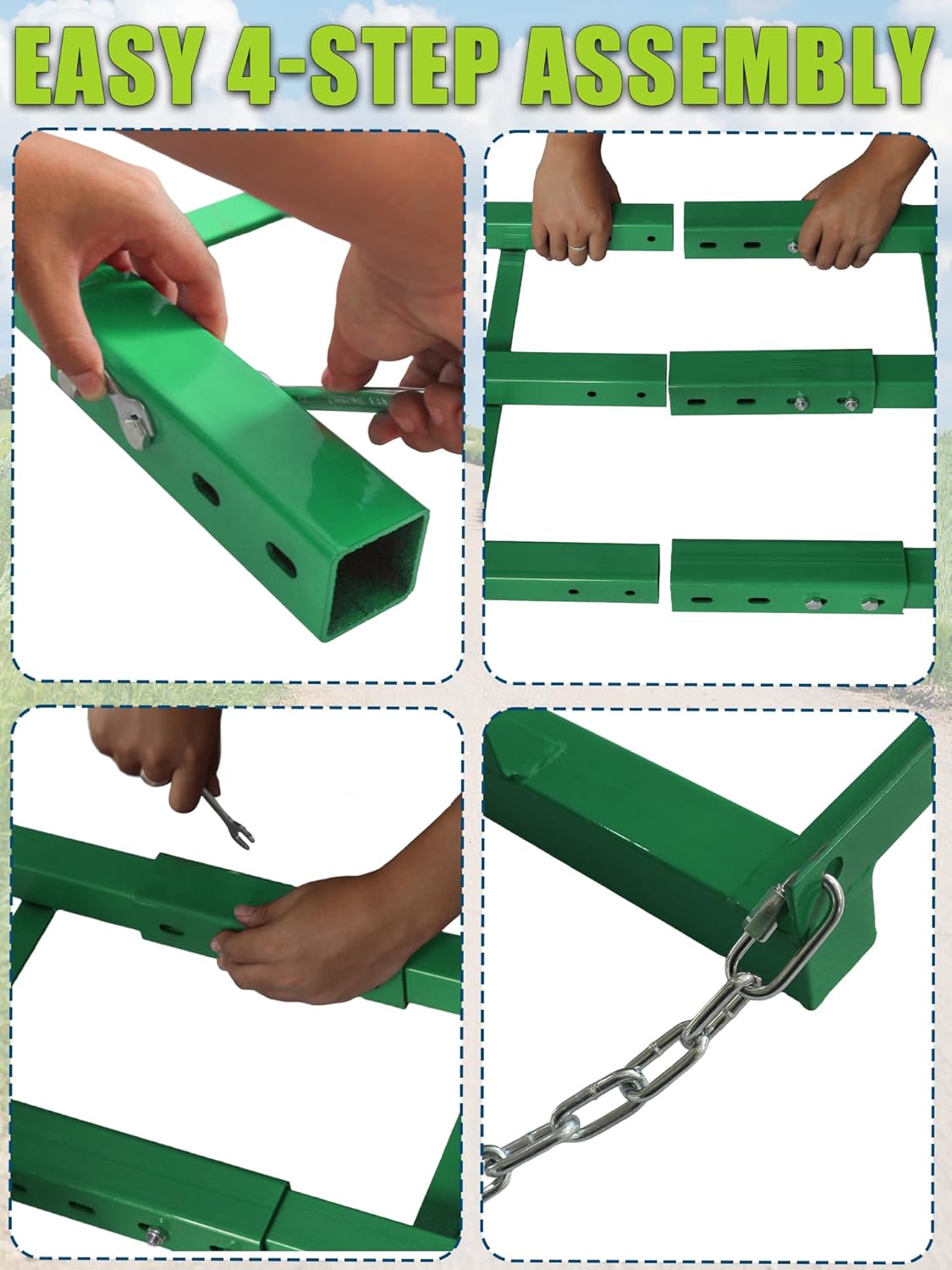 8ft Heavy Duty Drag Harrow for ATV, UTV, Tractor - Adjustable Tow Behind Leveling Rake with Weight Tray for Driveway Grader, Lawn, Field, Pasture, Food Plot Maintenance​, Green(96 inch)