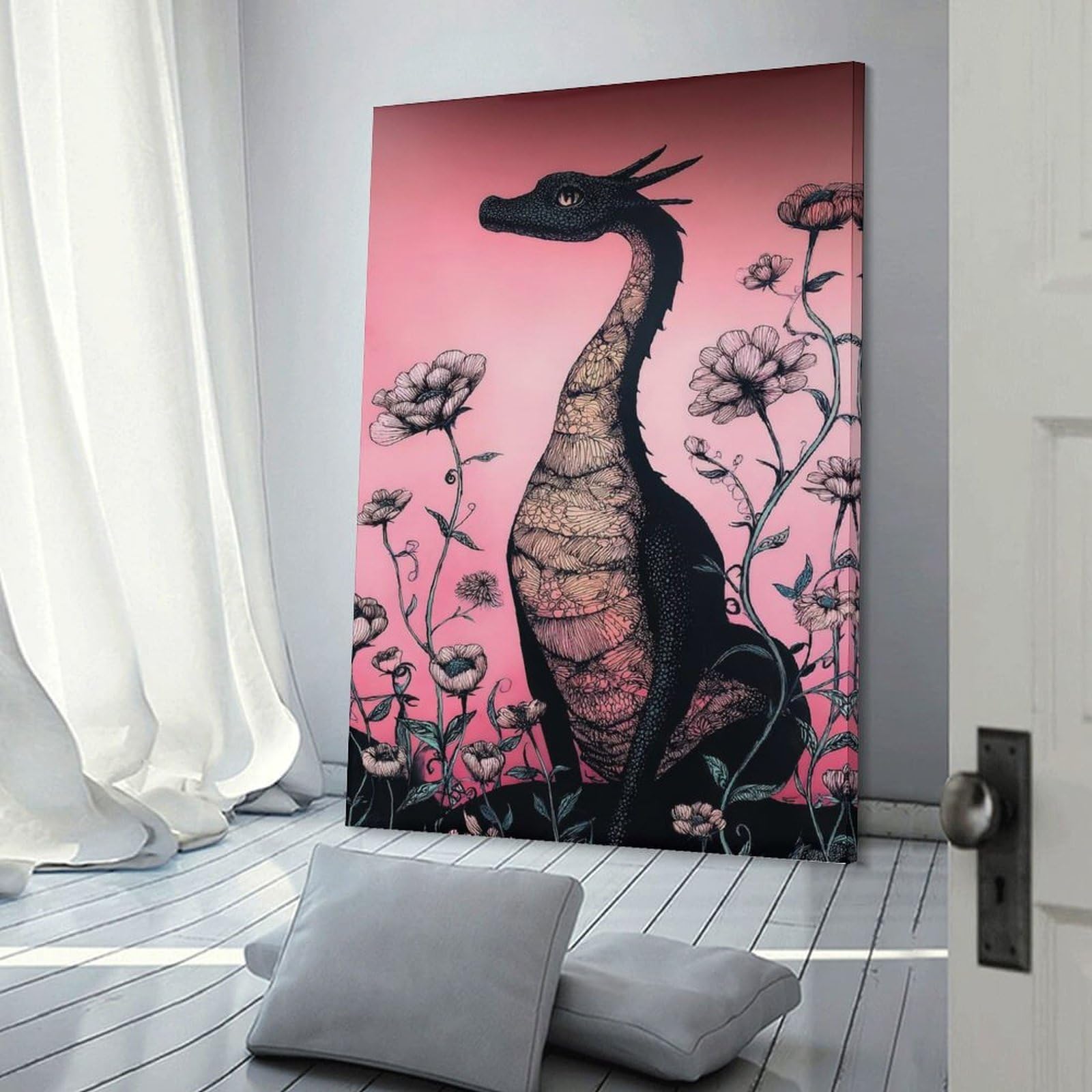 Junmoney Frame-Style-14 Canvas Wall Art Dragon Among Flowers On Pink Background, 20X30inch(50X75cm), For Bedroom, Guest Room Or Reading Nook, Canvas Wall Decor For Personal Spaces