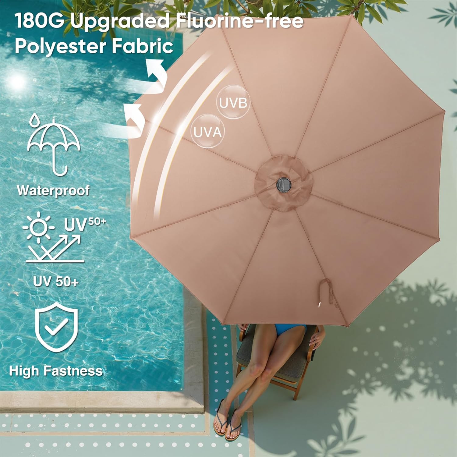 10FT Patio Umbrella, Solar LED Lights Outdoor Umbrella with Adjustable Tilt & Height, UV-Blocking Canopy, Ideal for Day/Night Shading, Pool, Camping & Patio Use