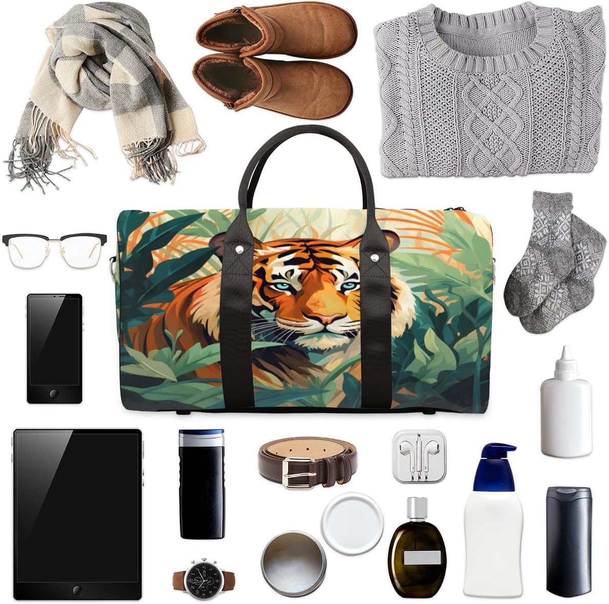 Tropical Leaf Tiger Watercolour Travel Duffel Bag for Women Men Large Capacity Overnight Weekender Bags for Lightweight Waterproof Sport Gym Bag for Workout Yoga Swim