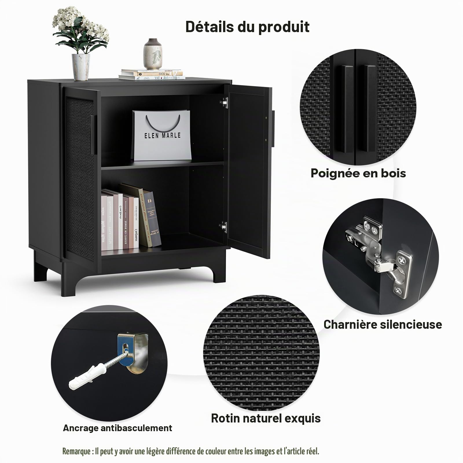 Noir Meuble de Rangement et Rotin, Buffet Salon Moderne avec Étagères Réglables, Meuble de Cuisine avec 2 Portes, Armoire de Rangement pour Salon, Cuisine, Chambre