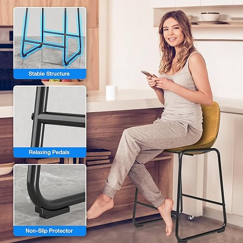 Miniatura 54 de Rfiver Taburetes de bar de piel sintética de poliuretano, juego de 2, taburetes industriales con respaldo y reposapiés, sillas modernas sin brazos