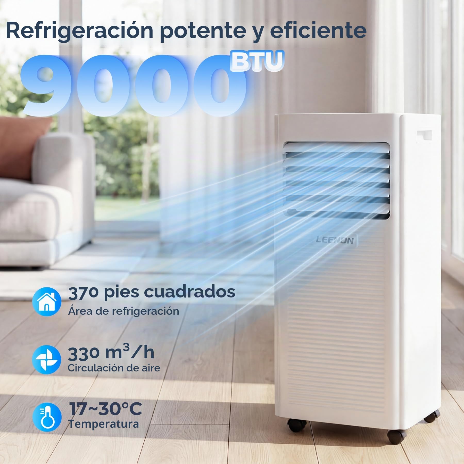 9000 BTU Aire Acondicionado Portátil LEENON 4 en 1 Climatizador Portatil Deshumidificador Ventilación, Modo Sueño, Control Remoto, Temporizador 24H, Incluye Kit Ventana, Ar Condicionado Hasta 35m²