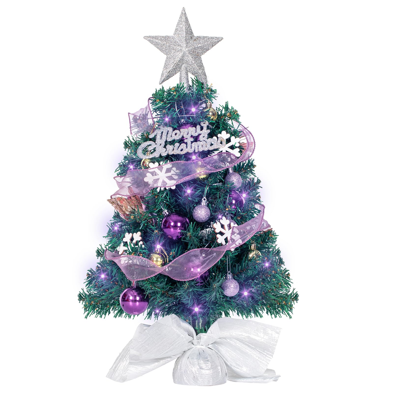 24” Mini Christmas Tree, Tabletop Flocked Small Christmas Tree with Lights, Timer, Tree Topper Star, Snow Frosted Artificial Xmas Tree w/Hanging Ornaments for Holiday DIY Home Decor (Purple)