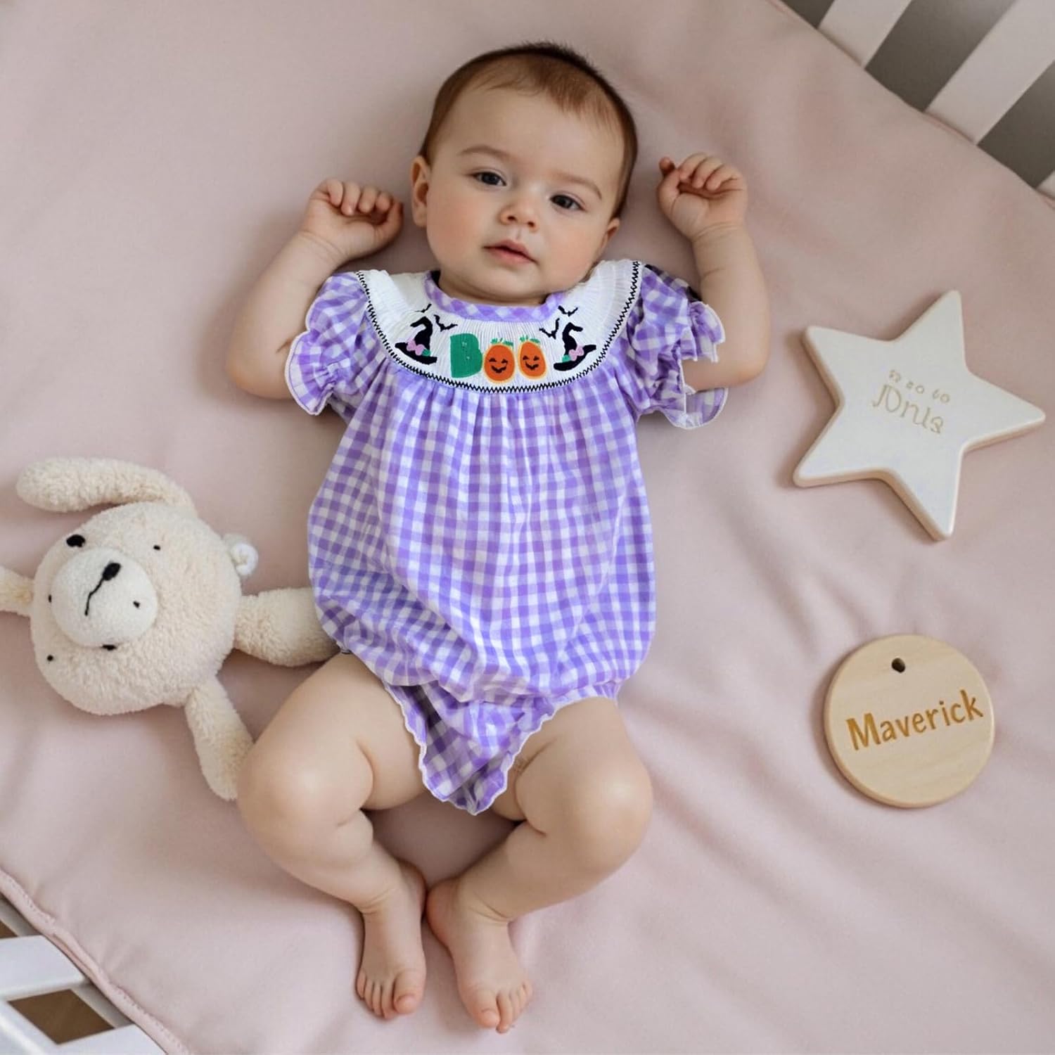 My First Halloween Baby Girl Outfit Newborn Pumpkin Patch Romper Short Sleeve Doll Collar Smocked Plaid Bubble Romper - Image 2